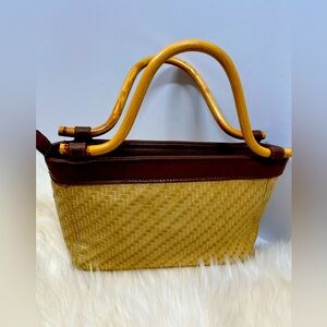 Vintage Worthington Woven Straw Handbag W Curved Bamboo Handles